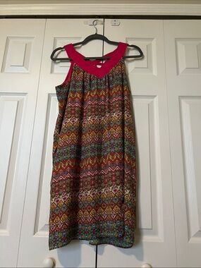 Sleeveless Multicolor Patterned Dress with Hot Pink Trim